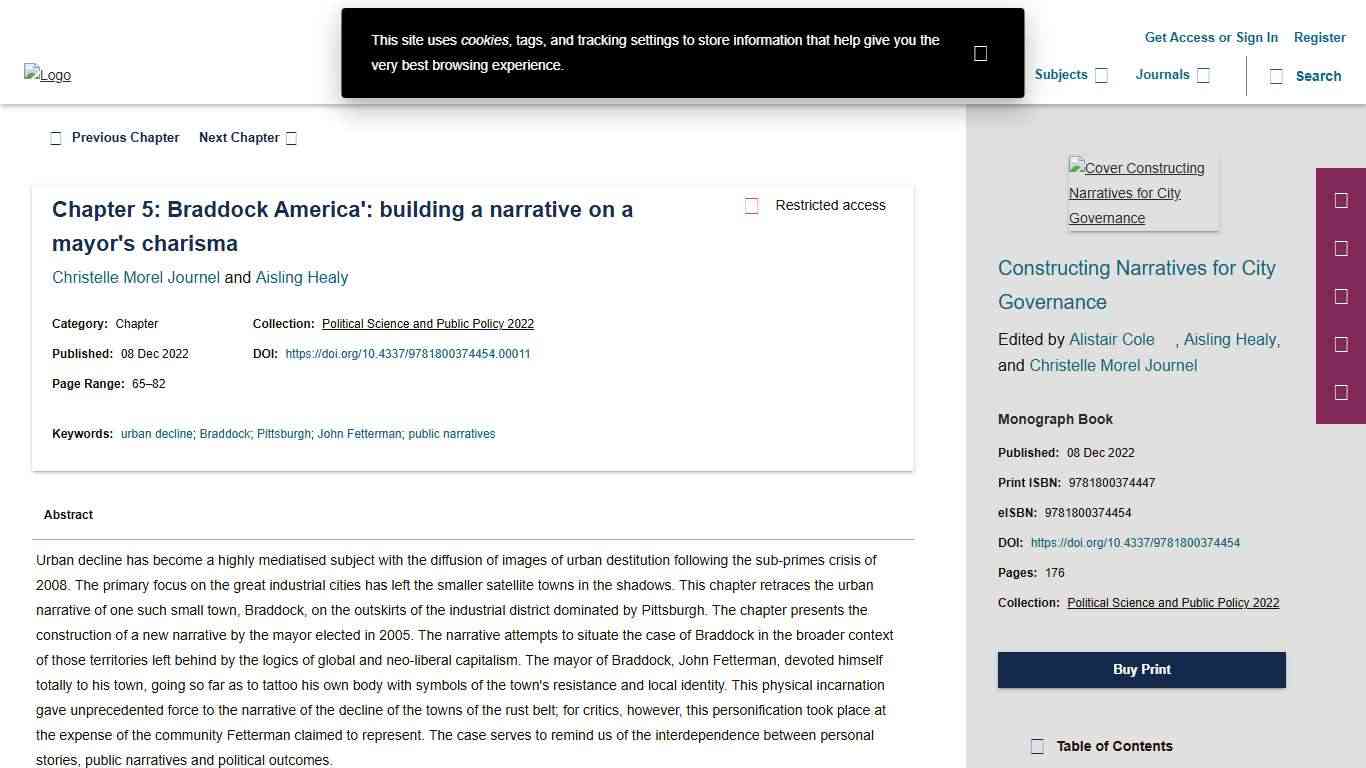 Chapter 5: Braddock America': building a narrative on a mayor's charisma in: Constructing Narratives for City Governance