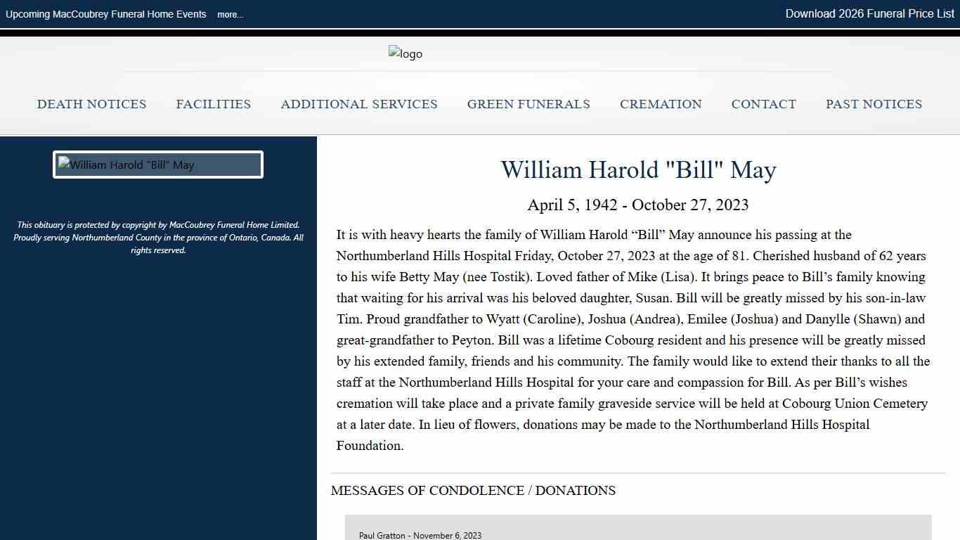 William Harold "Bill" May - MacCoubrey Funeral Home Ltd.
